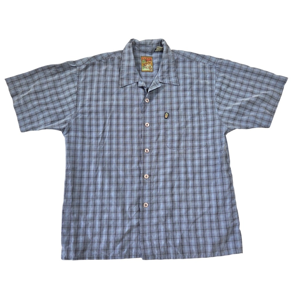 Vtg Pineapple Connection Mens Large Blue Plaid Short Sleeve Button Up Camp Shirt